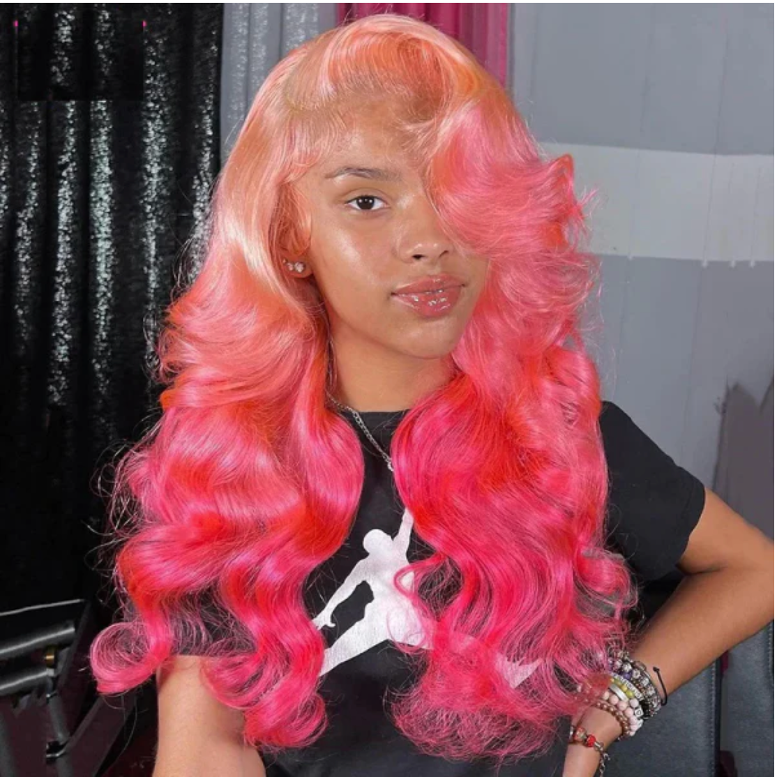 Pink With Rose Pink Ombre Body Wave Glueless Lace Frontal Wig