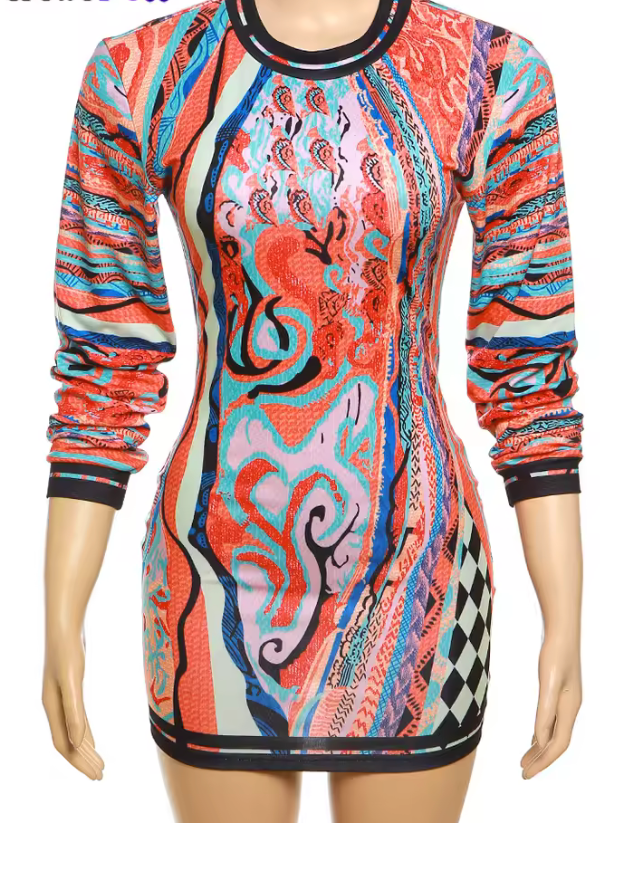 Vintage Long Sleeve O-Neck Stretch BodyCon Dress
