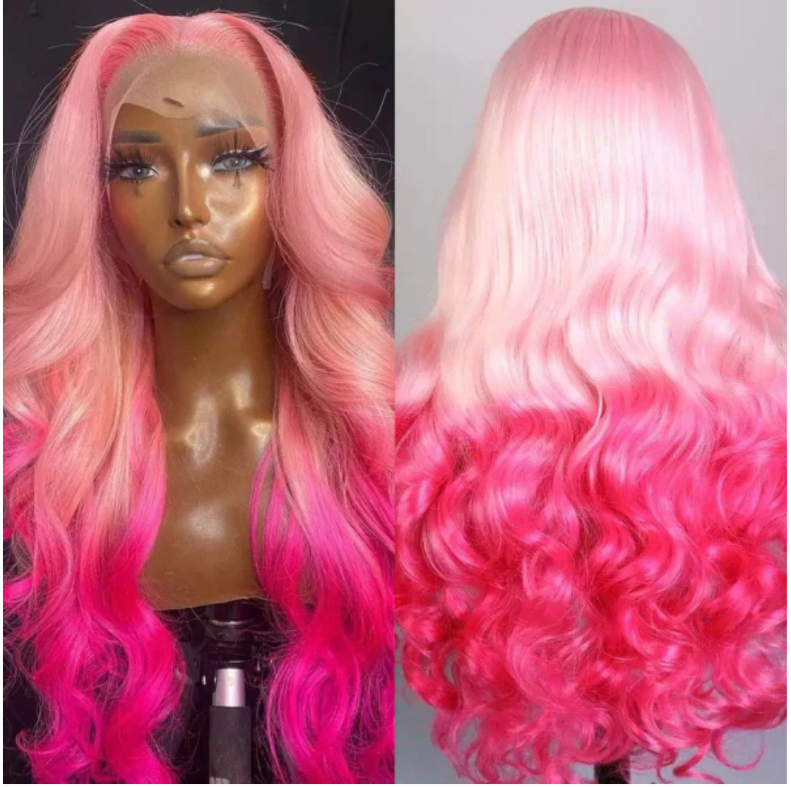 Pink With Rose Pink Ombre Body Wave Glueless Lace Frontal Wig
