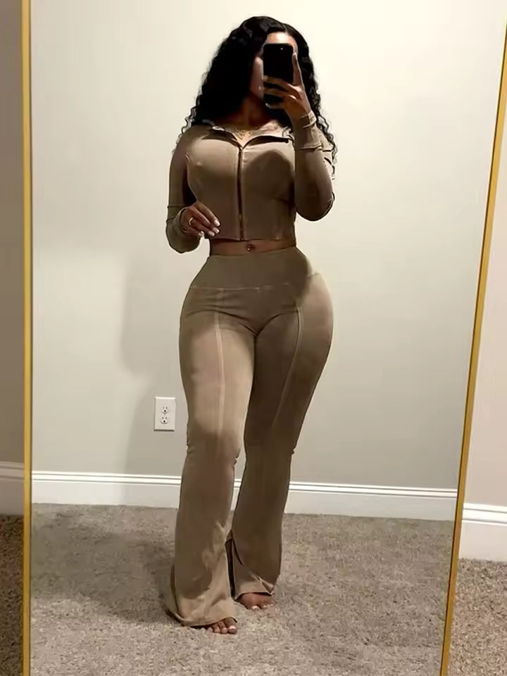 Distressed Hooded Jacket & Waistband Flare Pants Set