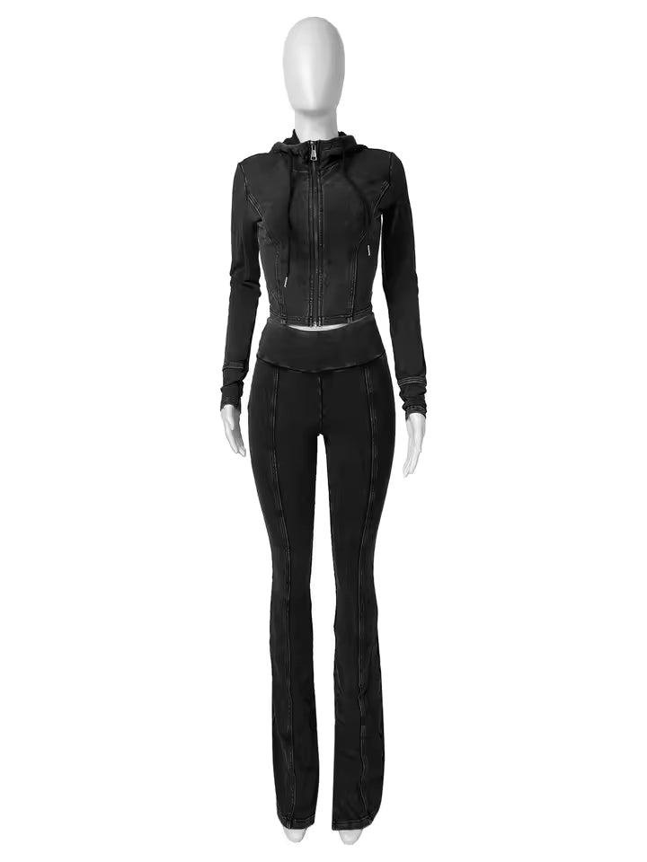 Distressed Hooded Jacket & Waistband Flare Pants Set