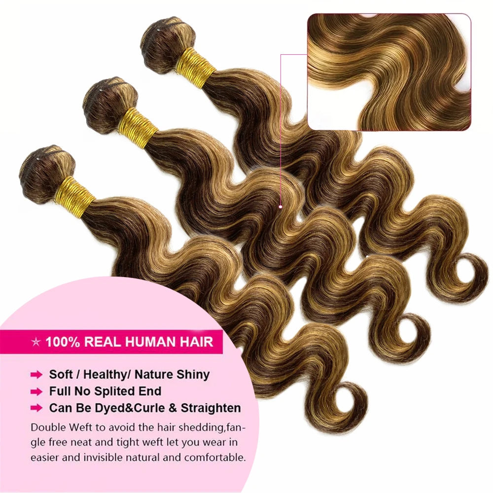 4/27 Body Wave Bundles With Frontal Ombre Highlight Brazilian Bundles With 13x4 HD Lace Frontal Closure 100% Human Hair Tissage