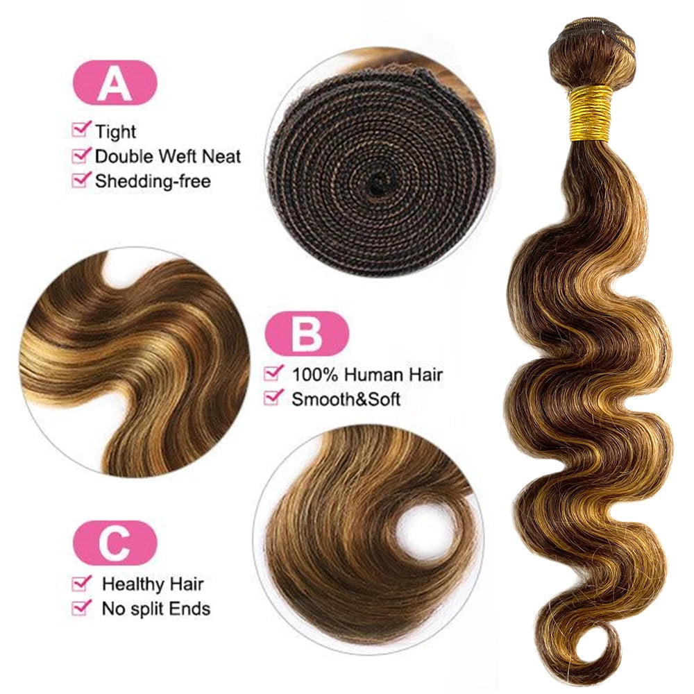 4/27 Body Wave Bundles With Frontal Ombre Highlight Brazilian Bundles With 13x4 HD Lace Frontal Closure 100% Human Hair Tissage