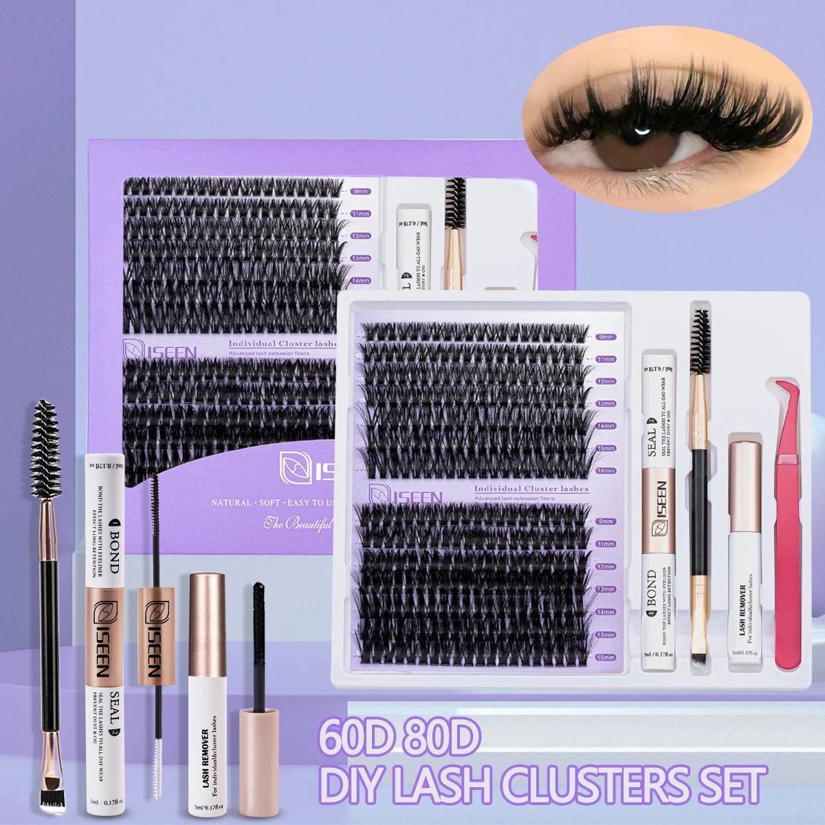 DIY Lash Extension Mix Styles Lash Clusters Individual with Bond&Seal Remover Tweezers Lash Brush for Self Application Makeup