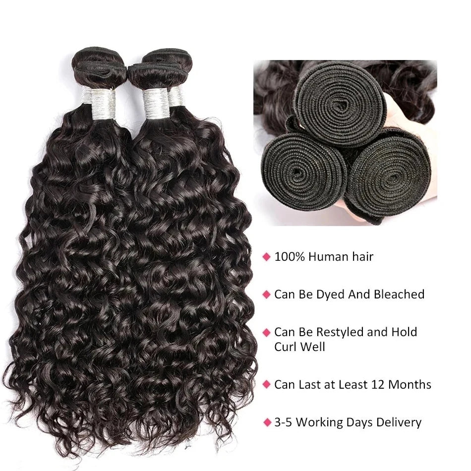 Indian Water Wave Bundles With Closure Wet and Wavy Curly Human Hair Bundles 12A Remy Hair Weave 3 Bundles With Frontal 13X4