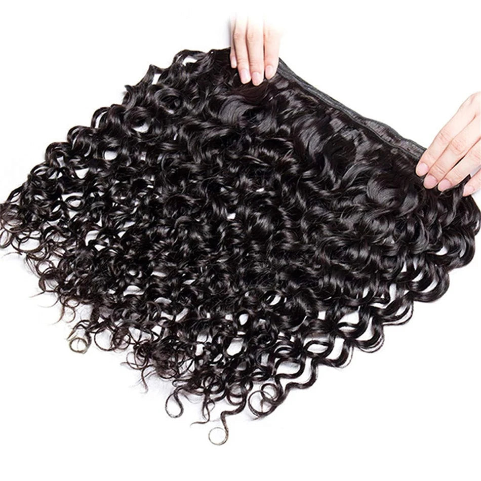 Indian Water Wave Bundles With Closure Wet and Wavy Curly Human Hair Bundles 12A Remy Hair Weave 3 Bundles With Frontal 13X4