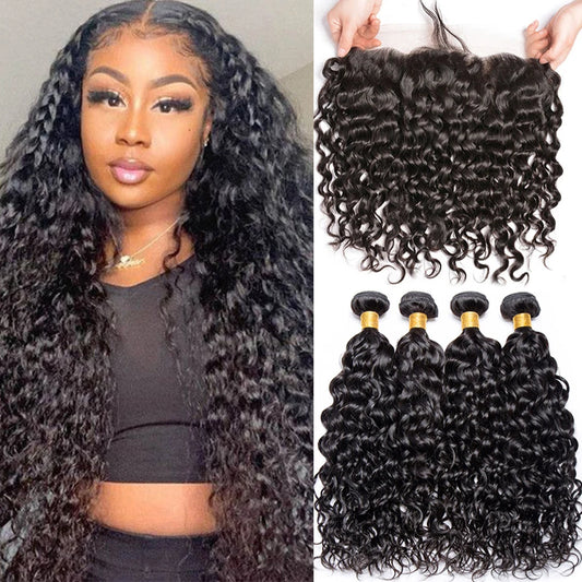 Indian Water Wave Bundles With Closure Wet and Wavy Curly Human Hair Bundles 12A Remy Hair Weave 3 Bundles With Frontal 13X4