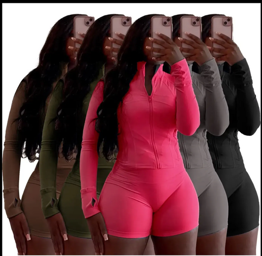 Solid Zipper Turtleneck Yoga Set