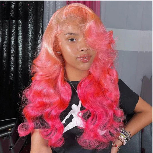 Pink With Rose Pink Ombre Body Wave Glueless Lace Frontal Wig