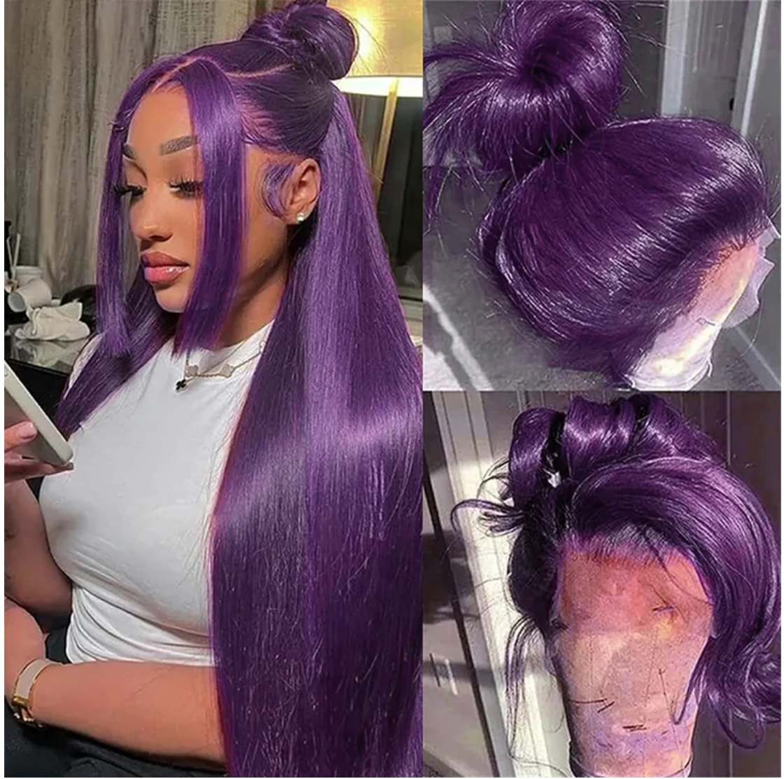 Dark Purple Remy Straight Transparent Lace Front Wig