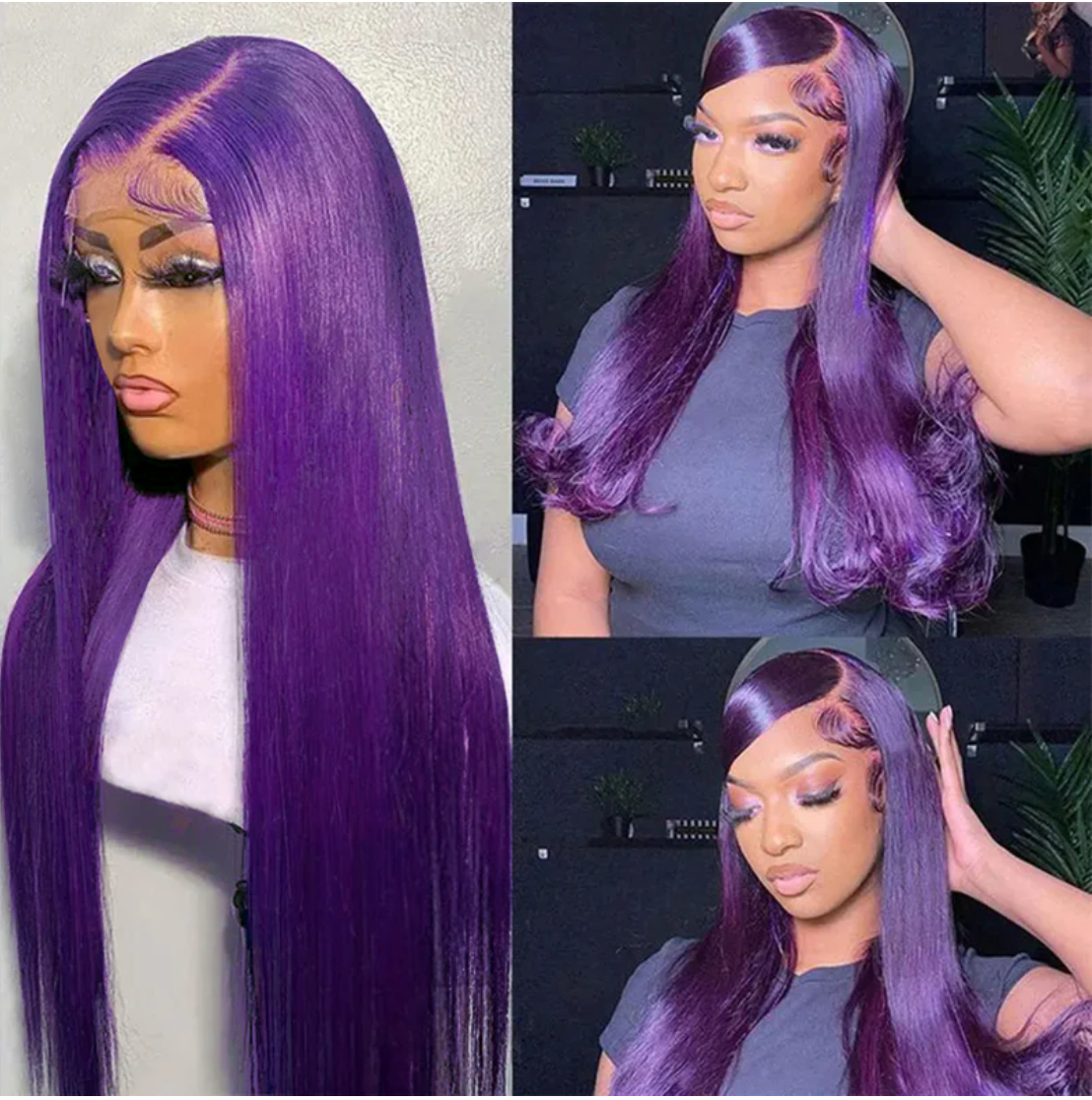 Dark Purple Remy Straight Transparent Lace Front Wig
