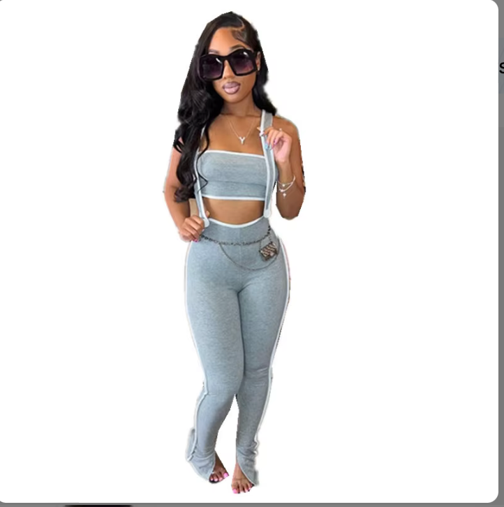 2 Piece Ribbed Patchwork Jumpsuit With Tube Top