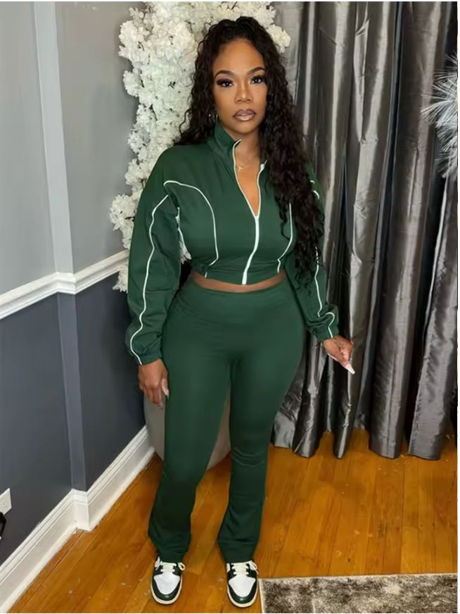 Crop Jacket Flared Pants 2 Piece Set