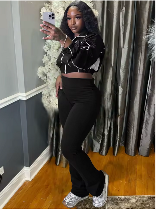 Crop Jacket Flared Pants 2 Piece Set