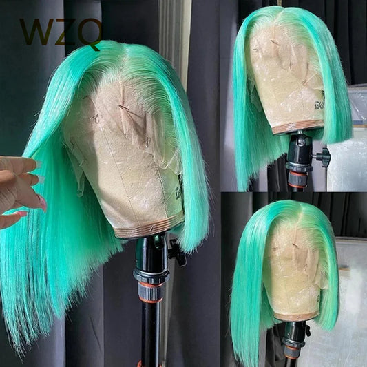 Light Green Short Bob Wig Pink Colored Human Hair Wigs 13x4 Lace Frontal Wig Transparent HD Lace Bob Straight Wig 180% Density