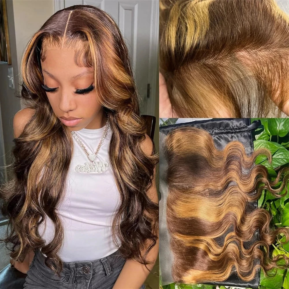 4/27 Body Wave Bundles With Frontal Ombre Highlight Brazilian Bundles With 13x4 HD Lace Frontal Closure 100% Human Hair Tissage