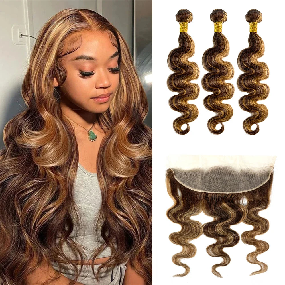 4/27 Body Wave Bundles With Frontal Ombre Highlight Brazilian Bundles With 13x4 HD Lace Frontal Closure 100% Human Hair Tissage