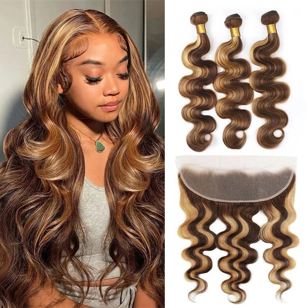 4/27 Body Wave Bundles With Frontal Ombre Highlight Brazilian Bundles With 13x4 HD Lace Frontal Closure 100% Human Hair Tissage